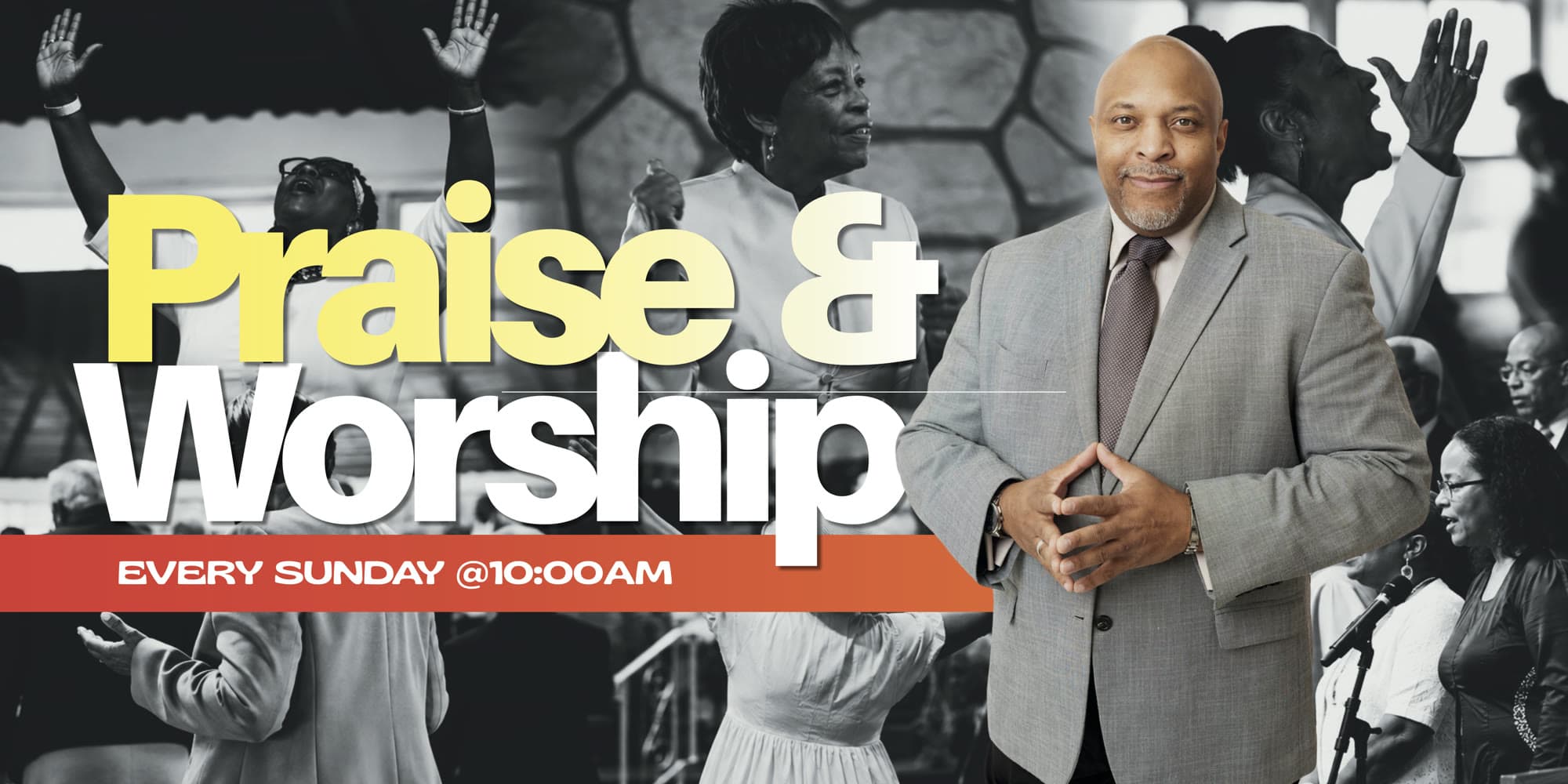 Praise and Worship every Sunday at 10:00 AM, with Pastor Shawn Wallace and the congregation lifting their hands in praise.